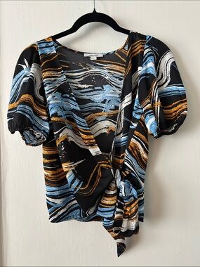 Nine West Black Wrap Blouse with Blue, White & Gold Brushstroke Print